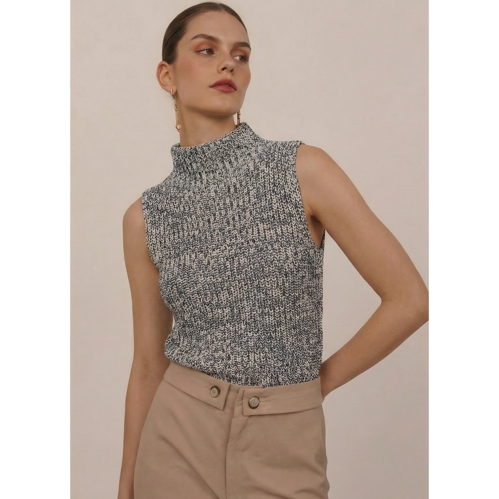 Madewell Women's Black White Cotton Knit Mock Neck Sleeveless Sweater Top S